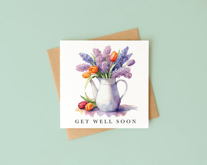 Get well soon card, tulips & lavender bouquet watercolour feel better card with envelope