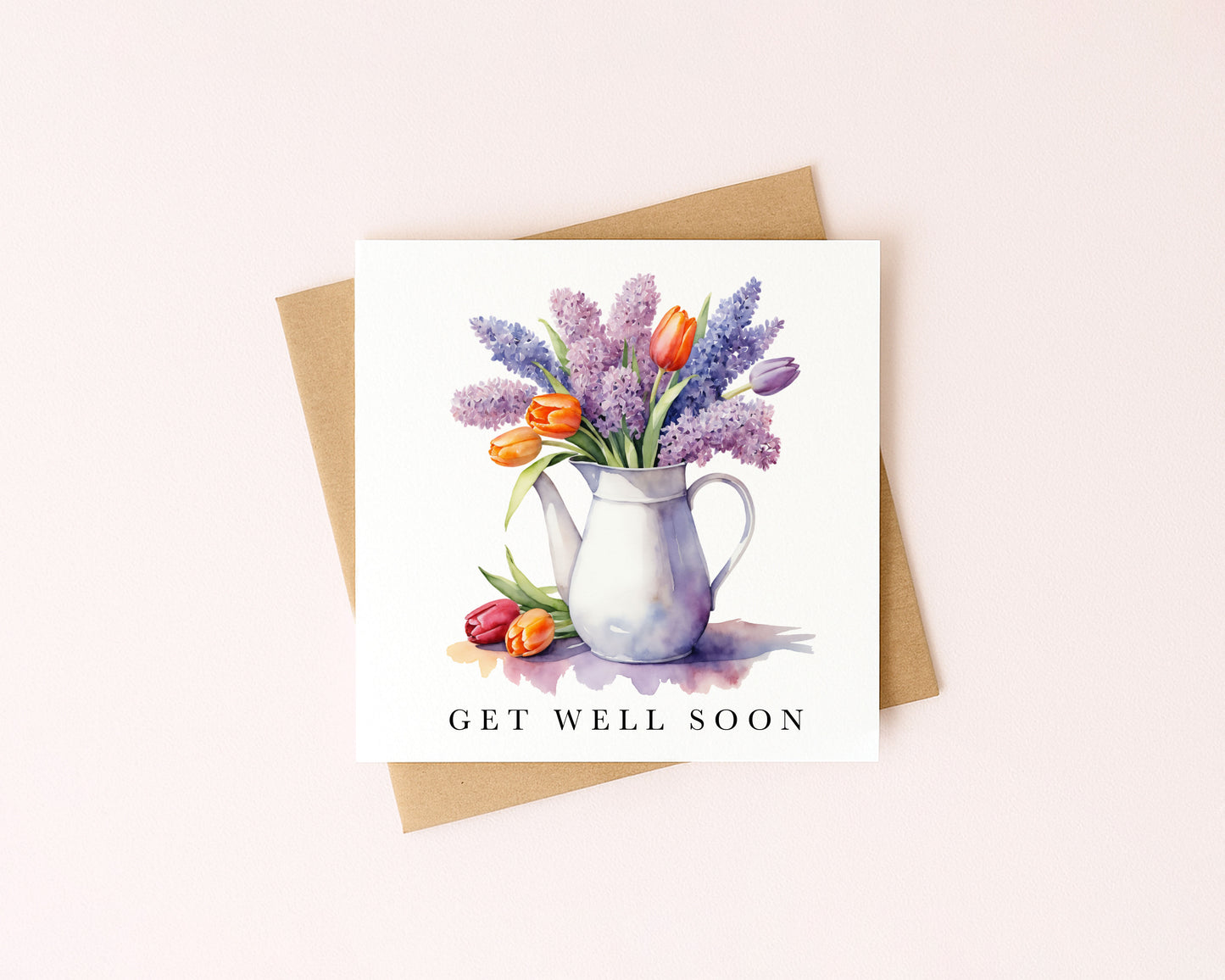 Get well soon card, tulips & lavender bouquet watercolour feel better card with envelope