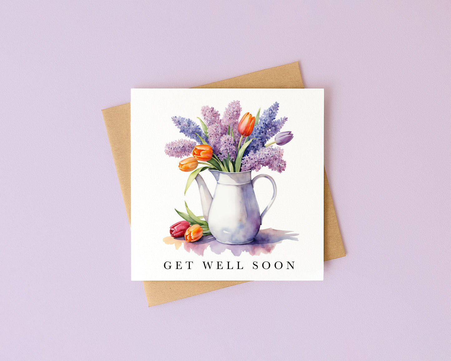 Get well soon card, tulips & lavender bouquet watercolour feel better card with envelope
