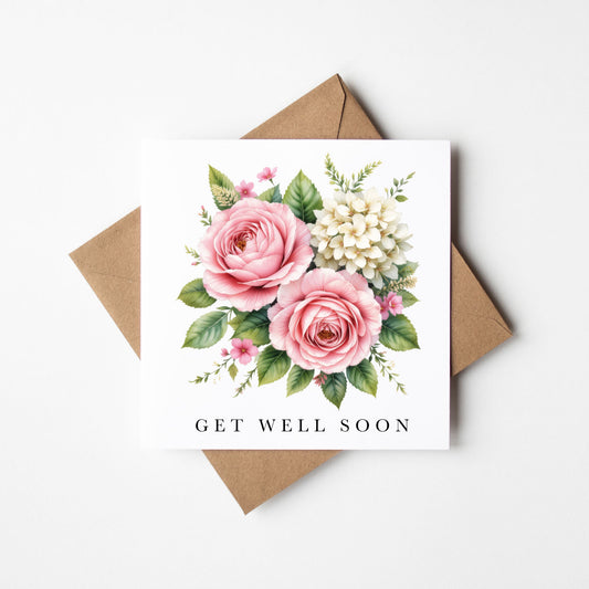 Get well soon card, pink cream flowers bouquet watercolour feel better card with envelope