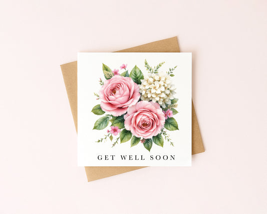 Get well soon card, pink cream flowers bouquet watercolour feel better card with envelope