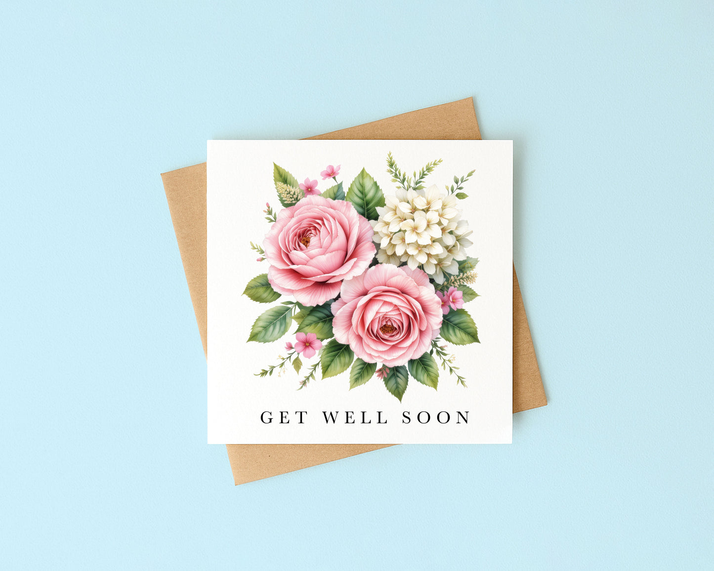 Get well soon card, pink cream flowers bouquet watercolour feel better card with envelope