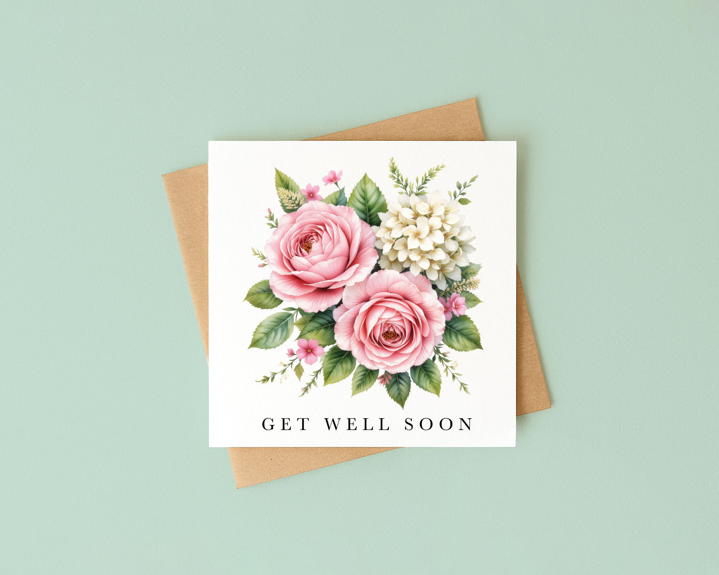 Get well soon card, pink cream flowers bouquet watercolour feel better card with envelope