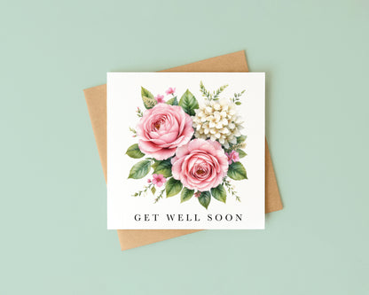 Get well soon card, pink cream flowers bouquet watercolour feel better card with envelope