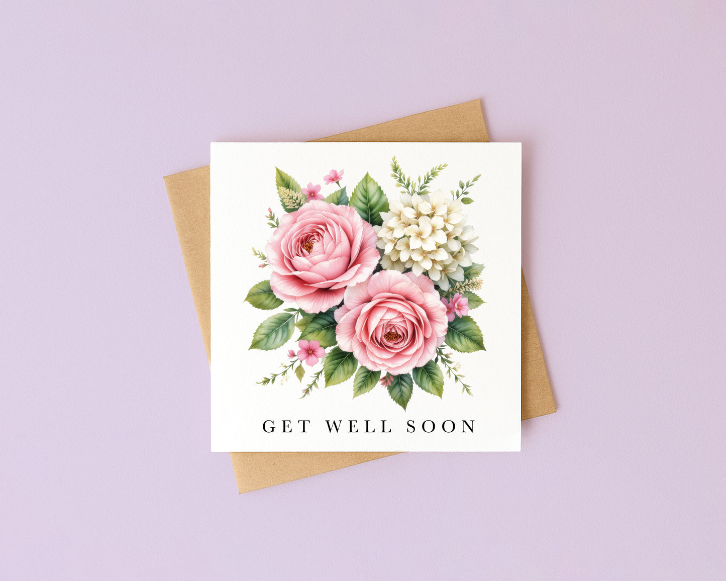 Get well soon card, pink cream flowers bouquet watercolour feel better card with envelope