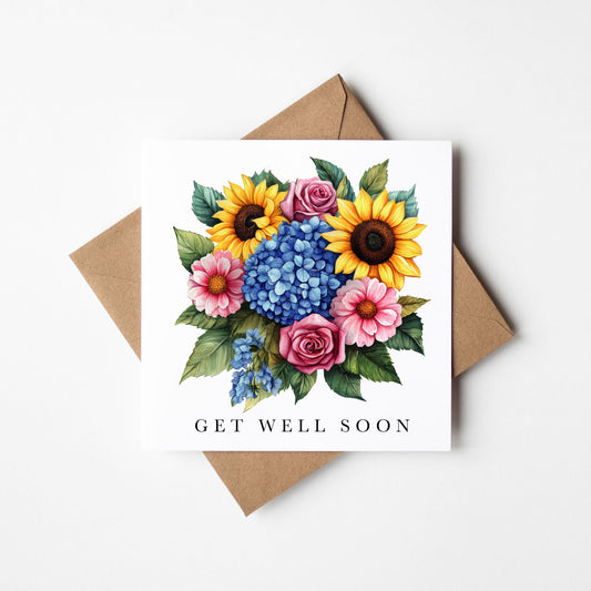 Get well soon card, sunflower bouquet blue pink watercolour feel better card with envelope