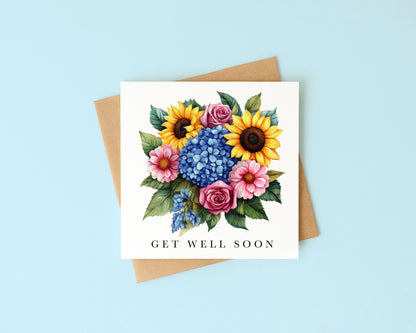 Get well soon card, sunflower bouquet blue pink watercolour feel better card with envelope