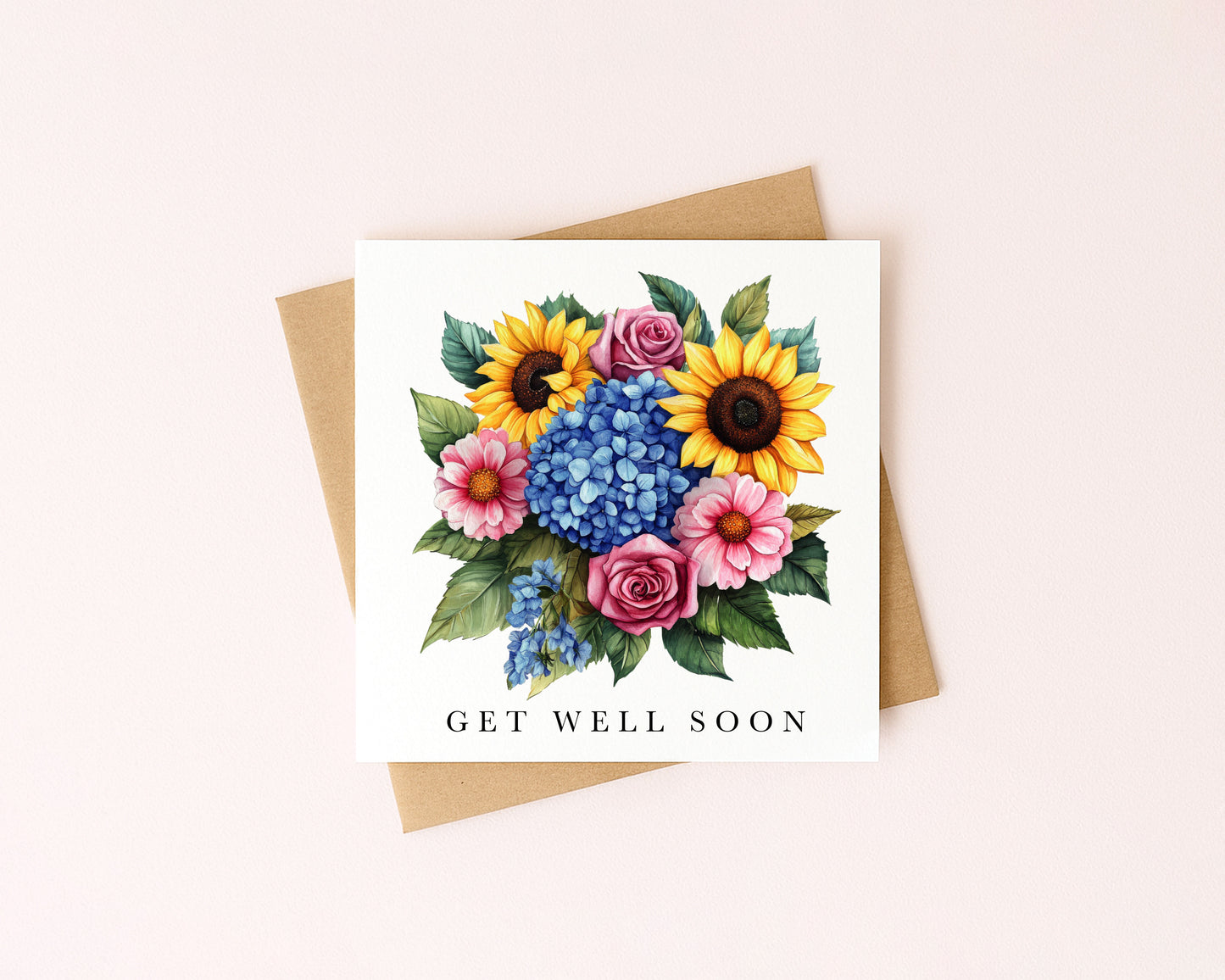 Get well soon card, sunflower bouquet blue pink watercolour feel better card with envelope