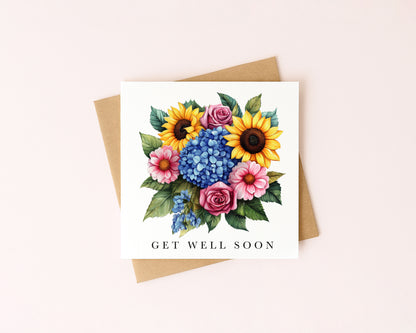 Get well soon card, sunflower bouquet blue pink watercolour feel better card with envelope