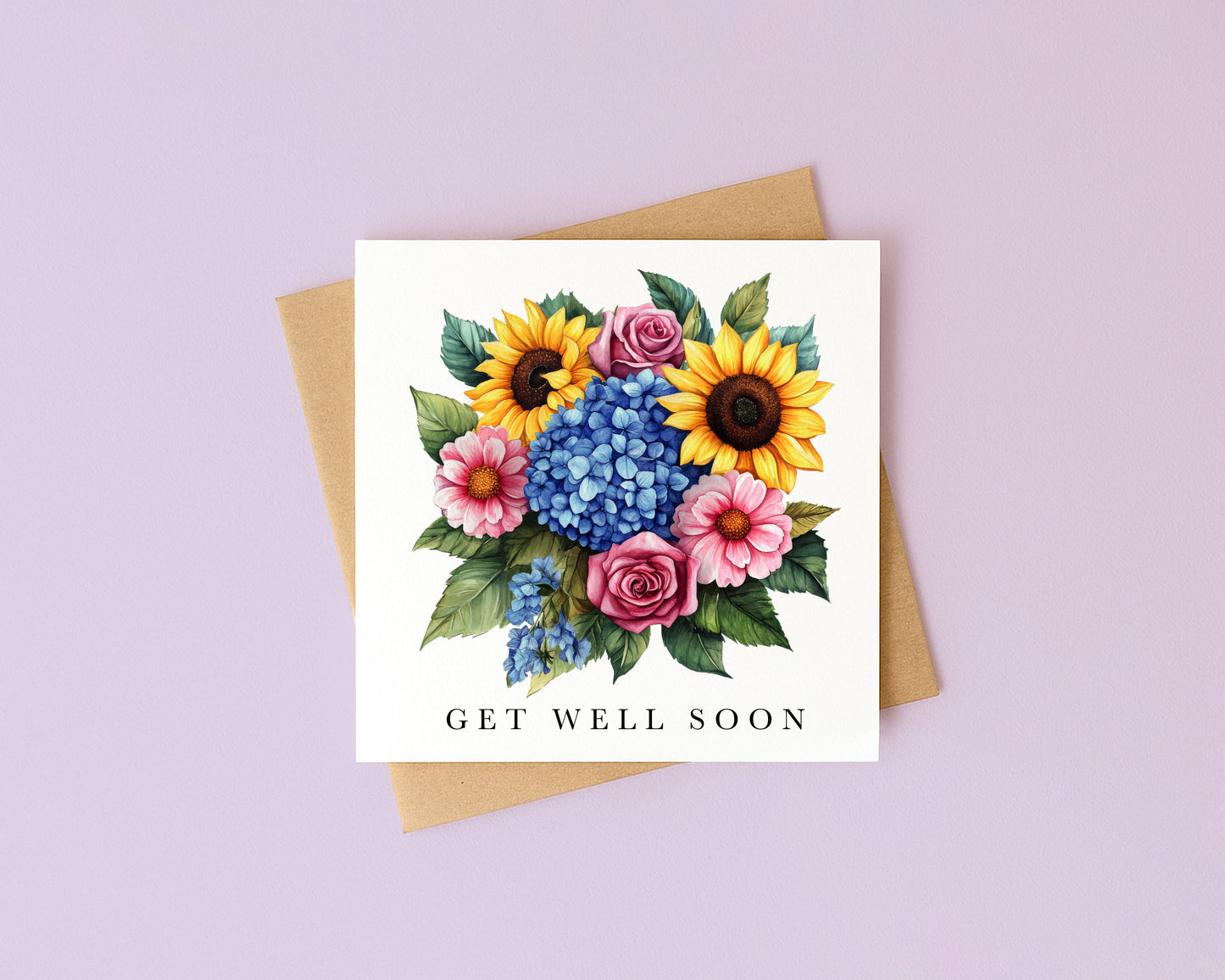 Get well soon card, sunflower bouquet blue pink watercolour feel better card with envelope