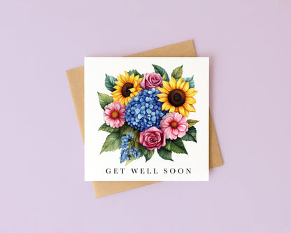 Get well soon card, sunflower bouquet blue pink watercolour feel better card with envelope