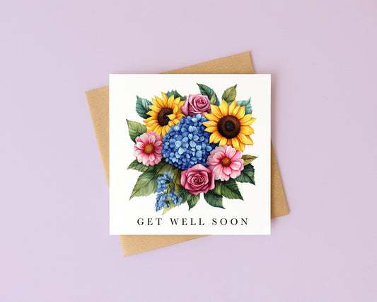 Get well soon card, sunflower bouquet blue pink watercolour feel better card with envelope