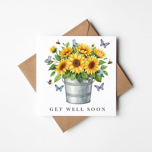 Get well soon card, Sunflowers Butterflies & Bees bouquet watercolour feel better card with envelope