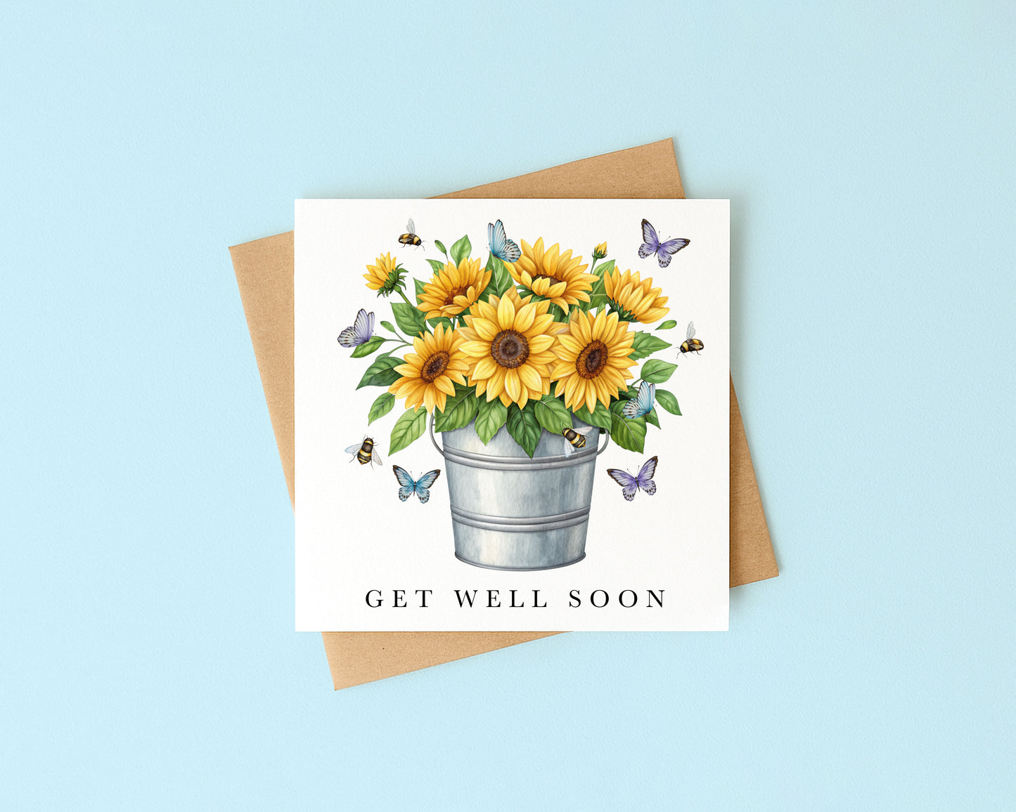 Get well soon card, Sunflowers Butterflies & Bees bouquet watercolour feel better card with envelope