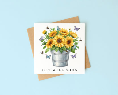 Get well soon card, Sunflowers Butterflies & Bees bouquet watercolour feel better card with envelope