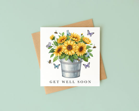Get well soon card, Sunflowers Butterflies & Bees bouquet watercolour feel better card with envelope