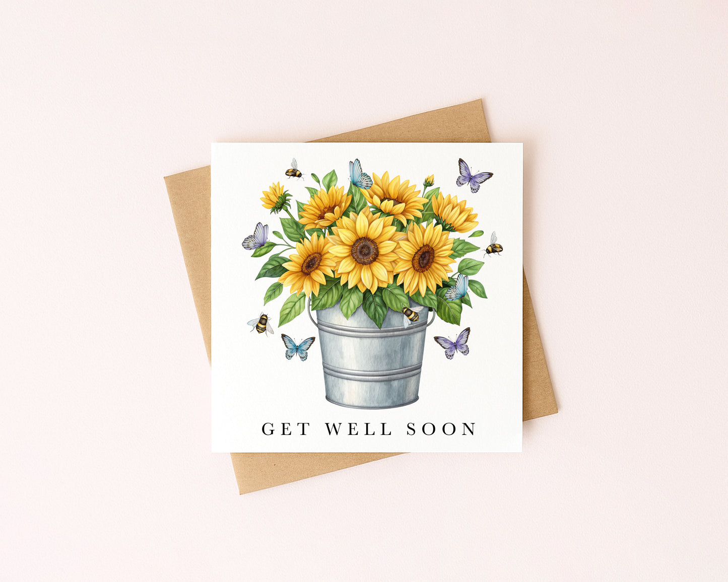 Get well soon card, Sunflowers Butterflies & Bees bouquet watercolour feel better card with envelope