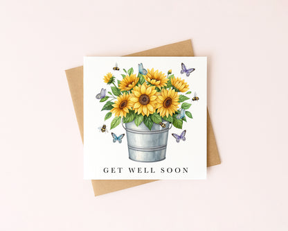 Get well soon card, Sunflowers Butterflies & Bees bouquet watercolour feel better card with envelope