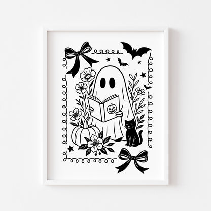 Halloween prints, spooky monochrome black & white ghost skeleton coffee book reading seasonal halloween unframed wall art poster prints