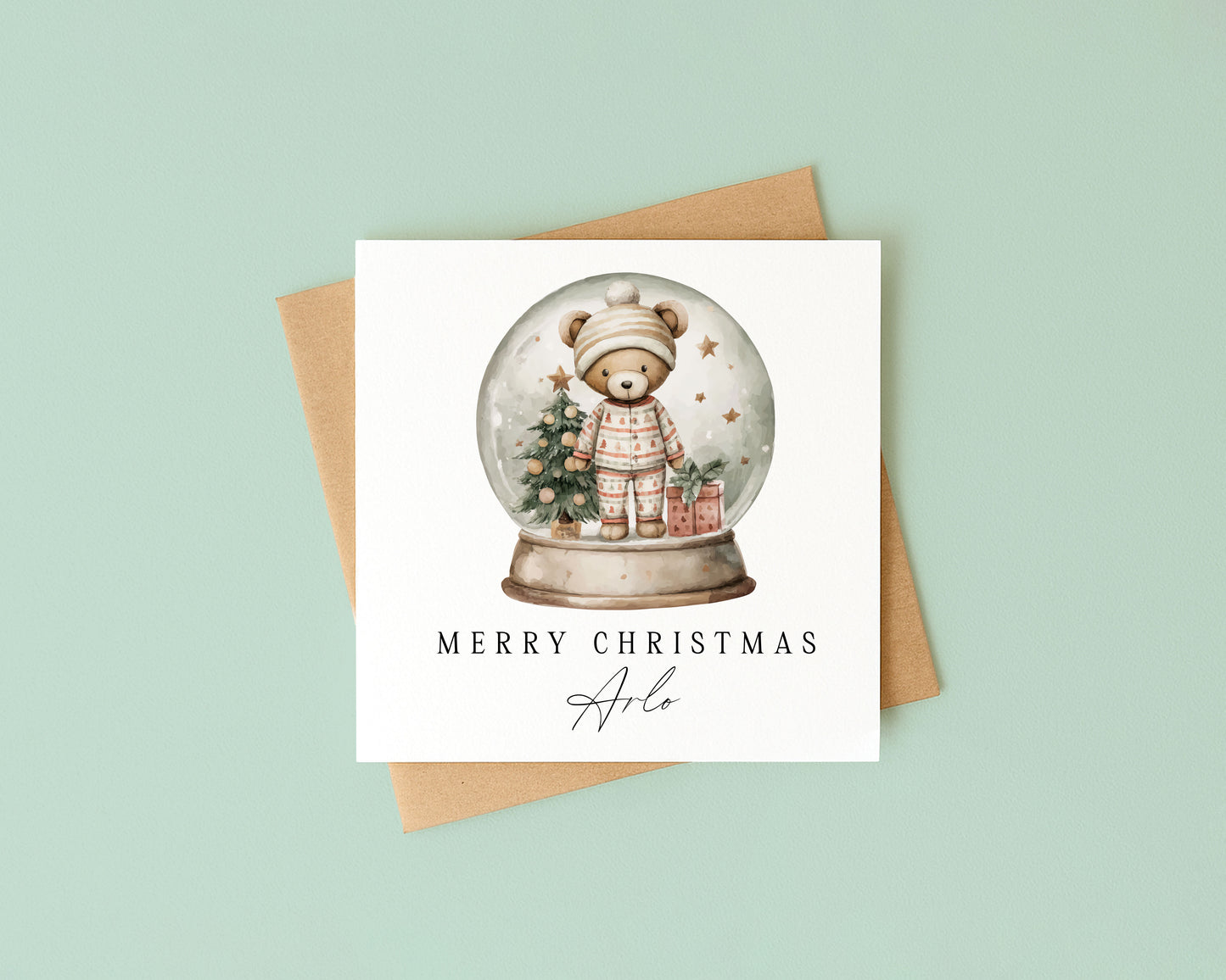 Kids Christmas Card personalised teddy bear snow globe with envelope