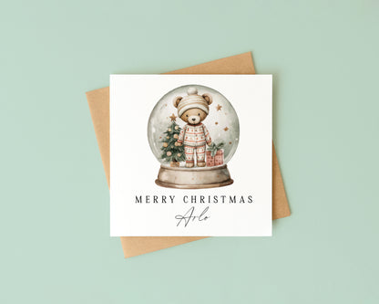 Kids Christmas Card personalised teddy bear snow globe with envelope