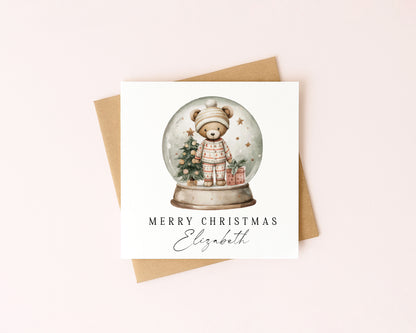 Kids Christmas Card personalised teddy bear snow globe with envelope
