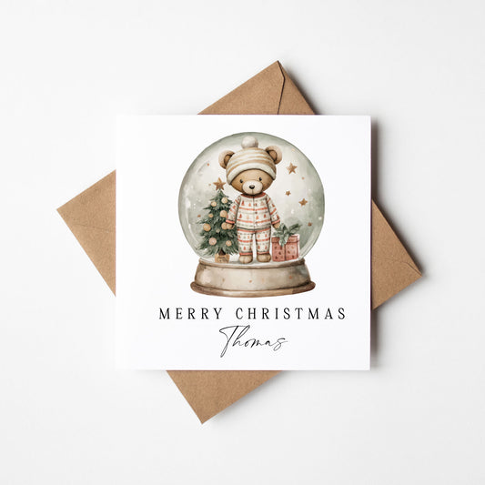 Kids Christmas Card personalised teddy bear snow globe with envelope