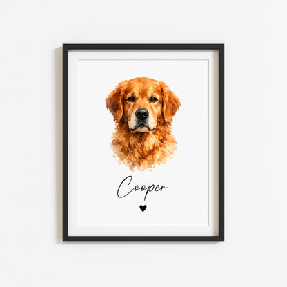 Personalised Golden Retriever Dog Print Custom Name Pet portrait watercolour unframed wall art poster