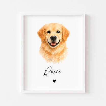 Personalised Golden Retriever Dog Print Custom Name Pet portrait watercolour unframed wall art poster