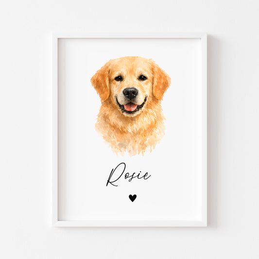 Personalised Golden Retriever Dog Print Custom Name Pet portrait watercolour unframed wall art poster