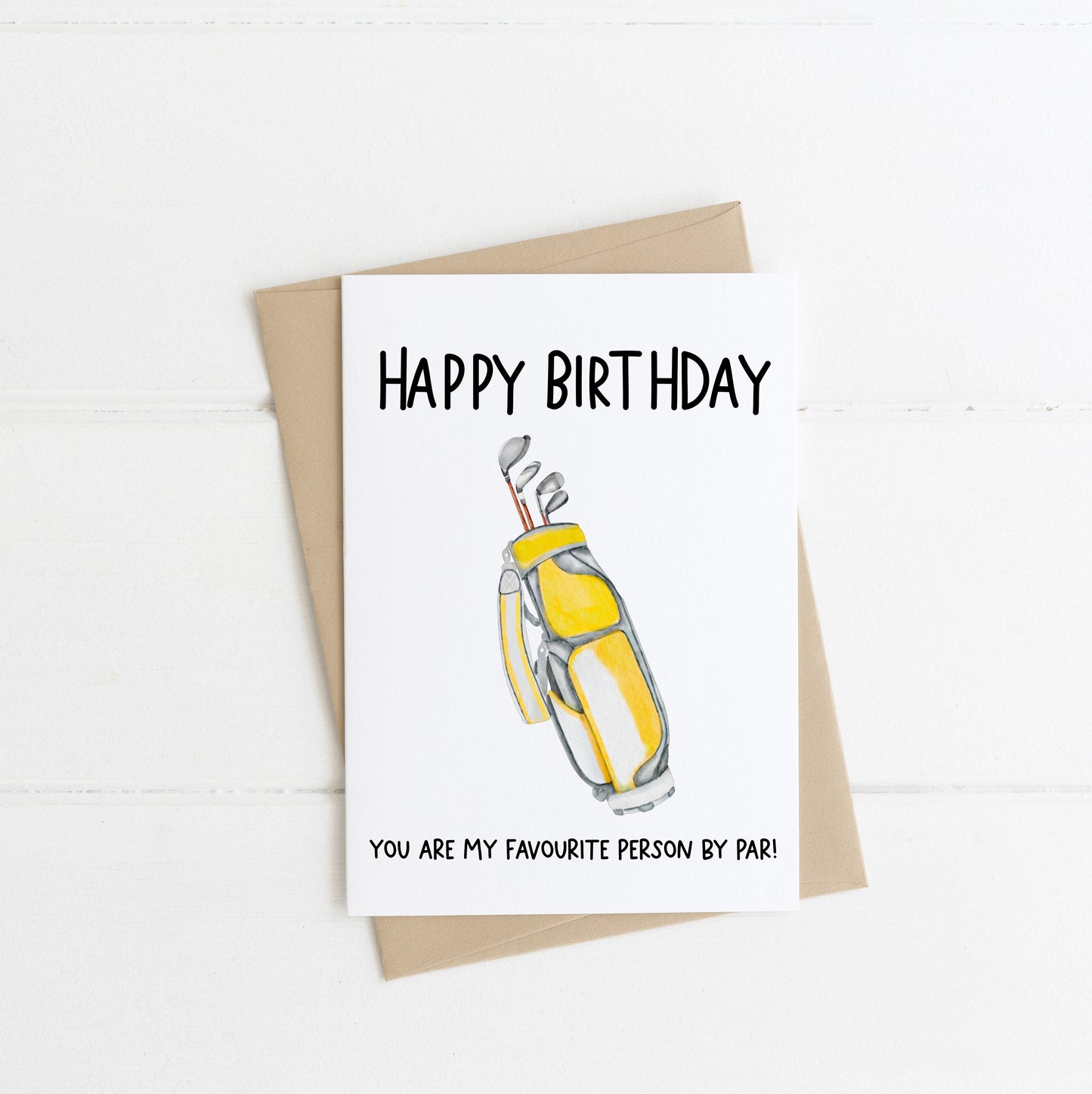 Happy birthday, you are my favourite person by PAR, funny pun yellow golf clubs watercolour style card with envelope,kraft brown or white