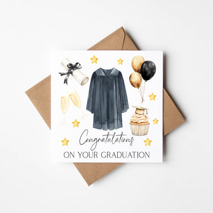 Graduation card congratulations on your graduation cupcake stars black bow certificate gown & balloons graduation card with envelope