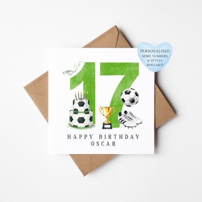 17th Birthday Card personalised football footy themed GREEN bday card number 17 with Envelope