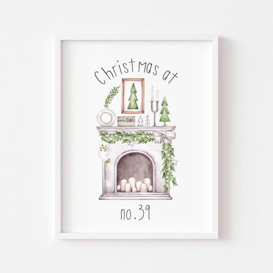 Personalised Christmas at no. (your house name or number) Fireplace xmas seasonal unframed wall art poster print