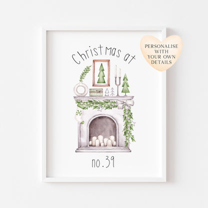 Personalised Christmas at no. (your house name or number) Fireplace xmas seasonal unframed wall art poster print