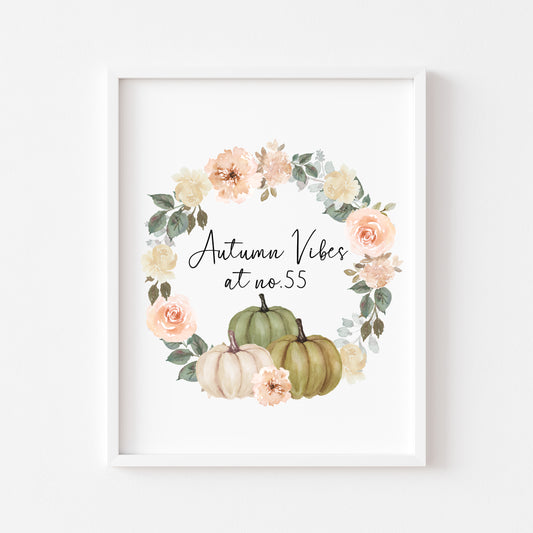 Autumn Vibes at no. floral green & cream pumpkins watercolour seasonal unframed wall art poster print
