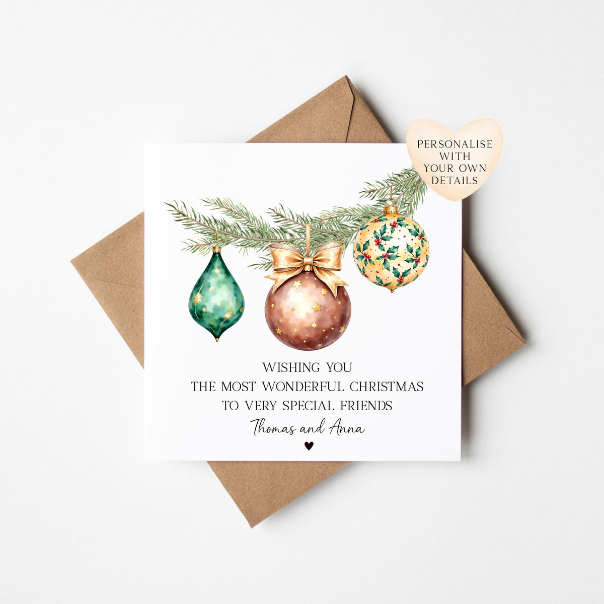 Christmas Card Festive Bauble decorations brown & green personalised with names