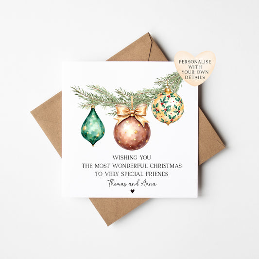 Christmas Card Festive Bauble decorations brown & green personalised with names