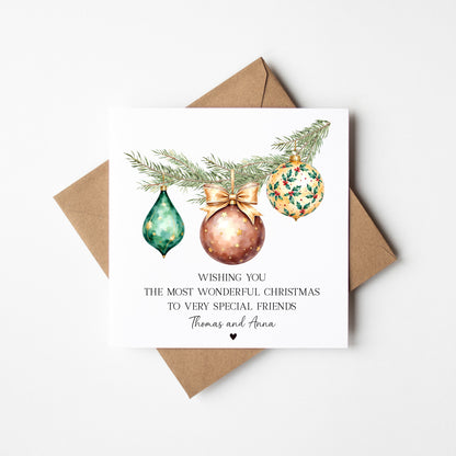 Christmas Card Festive Bauble decorations brown & green personalised with names