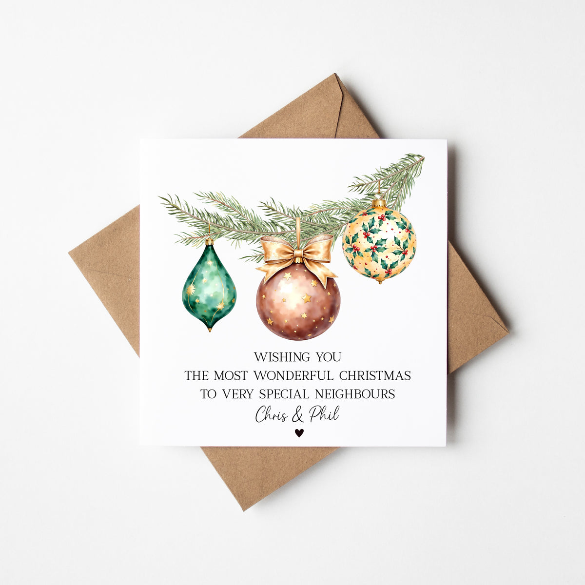 Christmas Card Festive Bauble decorations brown & green personalised with names