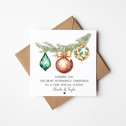 Christmas Card Festive Bauble decorations brown & green personalised with names