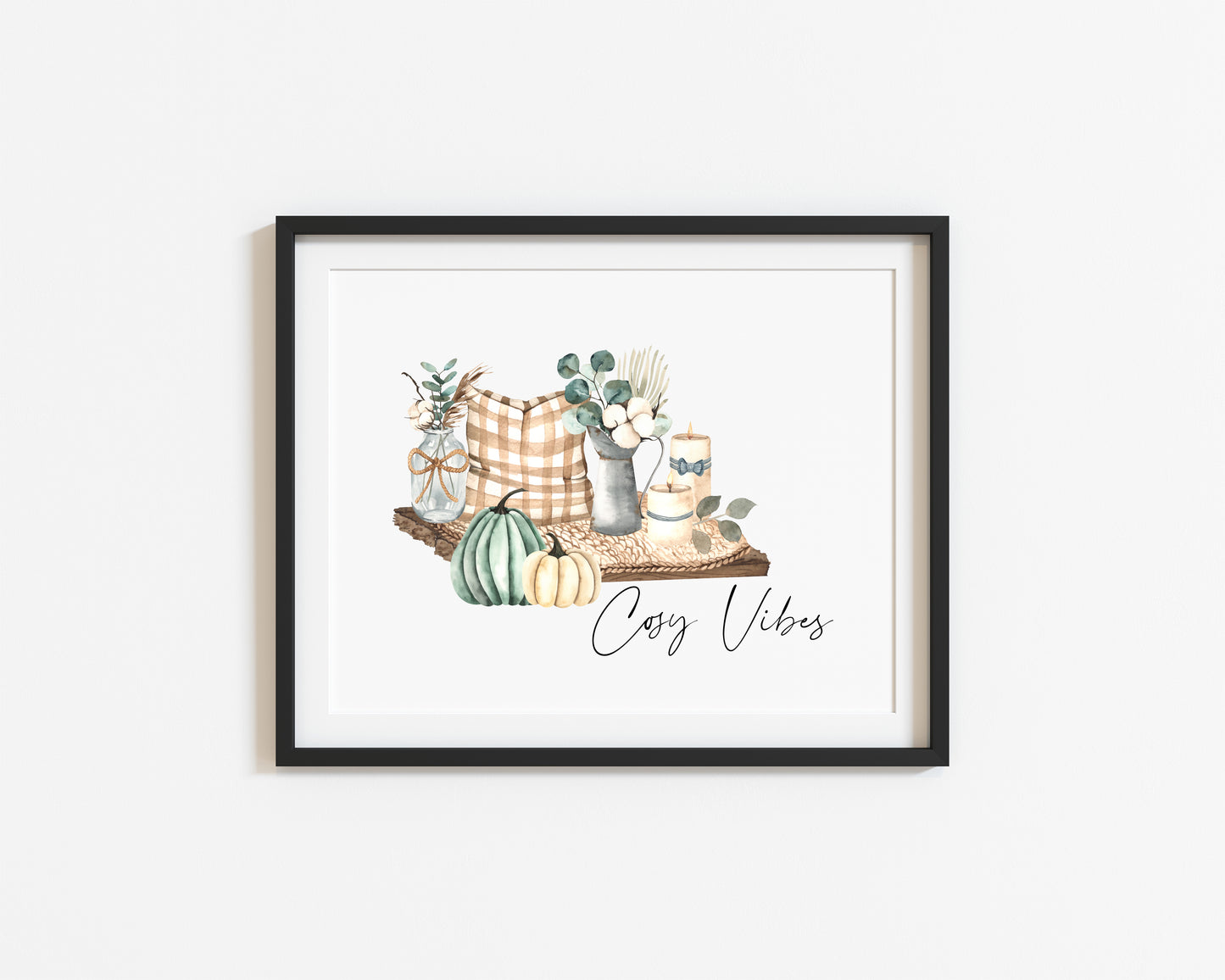 Cosy Vibes, home scene teal autumn watercolour seasonal landscape fall hallway unframed wall art poster print