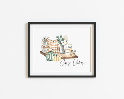 Cosy Vibes, home scene teal autumn watercolour seasonal landscape fall hallway unframed wall art poster print