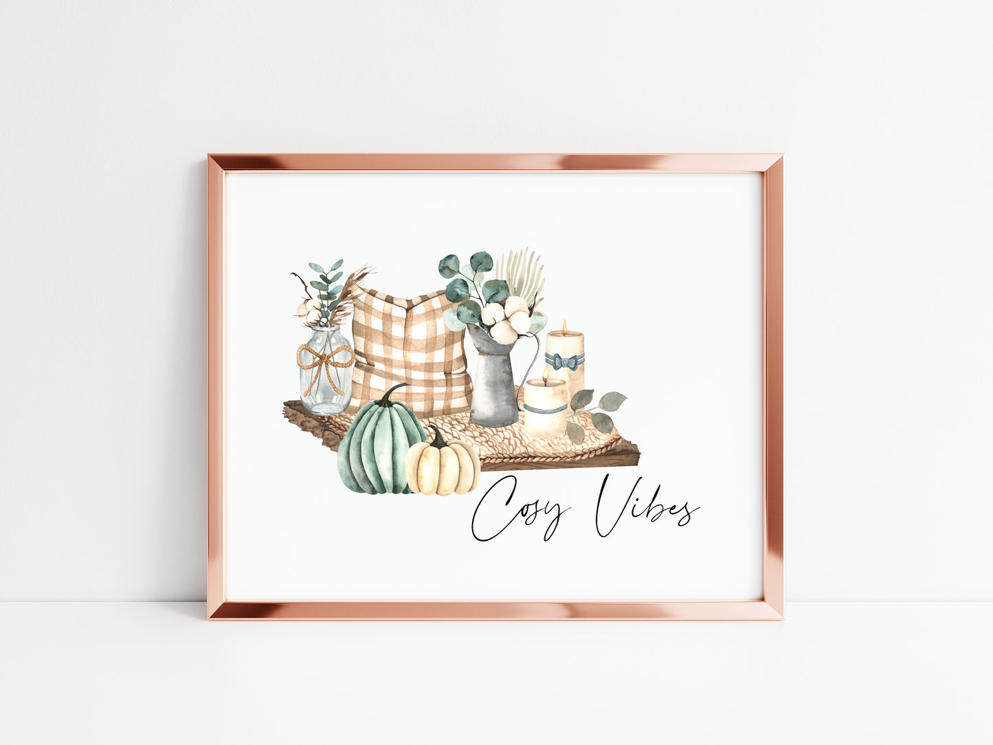 Cosy Vibes, home scene teal autumn watercolour seasonal landscape fall hallway unframed wall art poster print