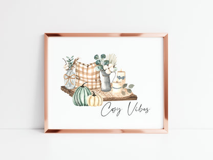 Cosy Vibes, home scene teal autumn watercolour seasonal landscape fall hallway unframed wall art poster print