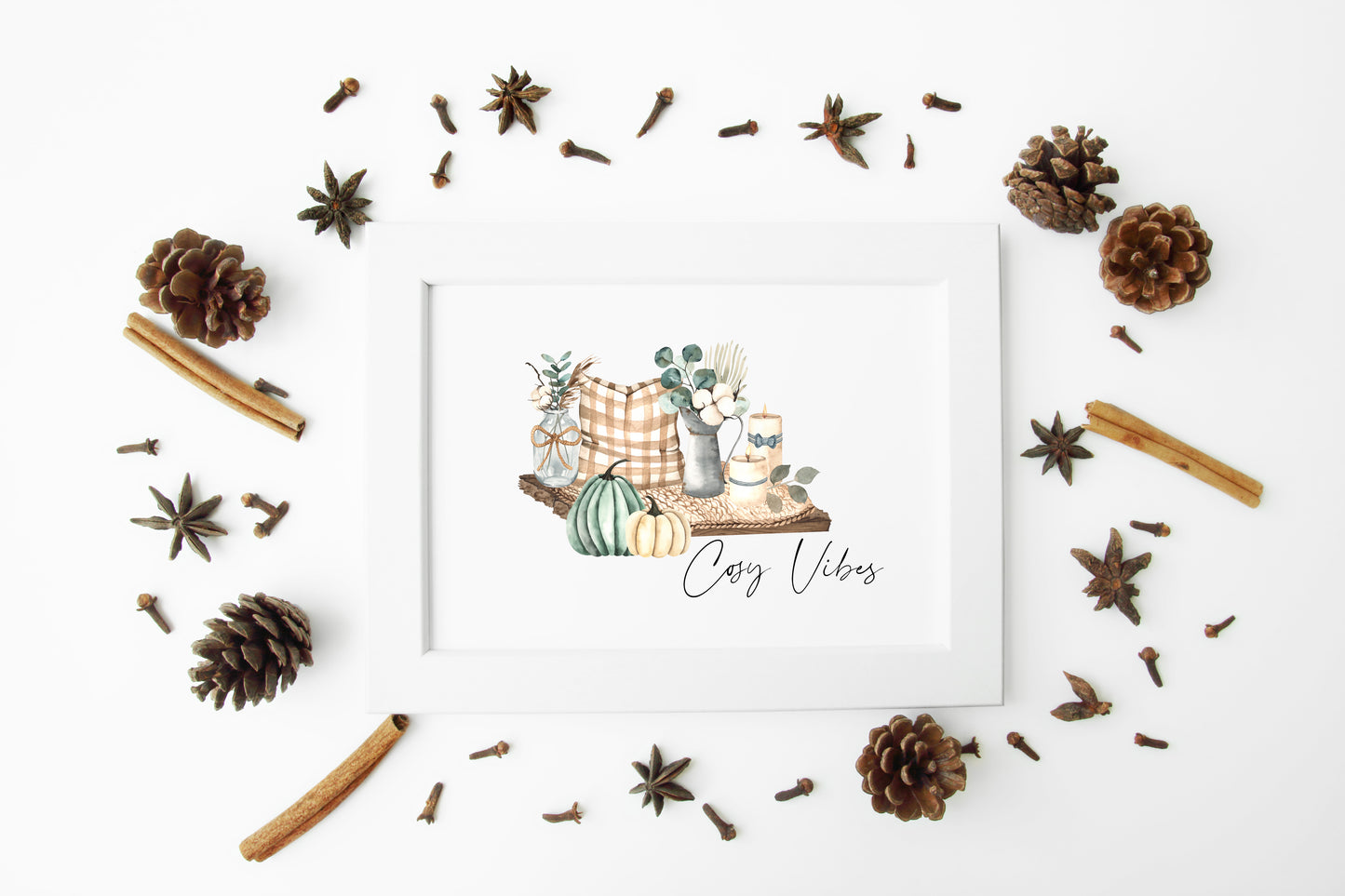 Cosy Vibes, home scene teal autumn watercolour seasonal landscape fall hallway unframed wall art poster print