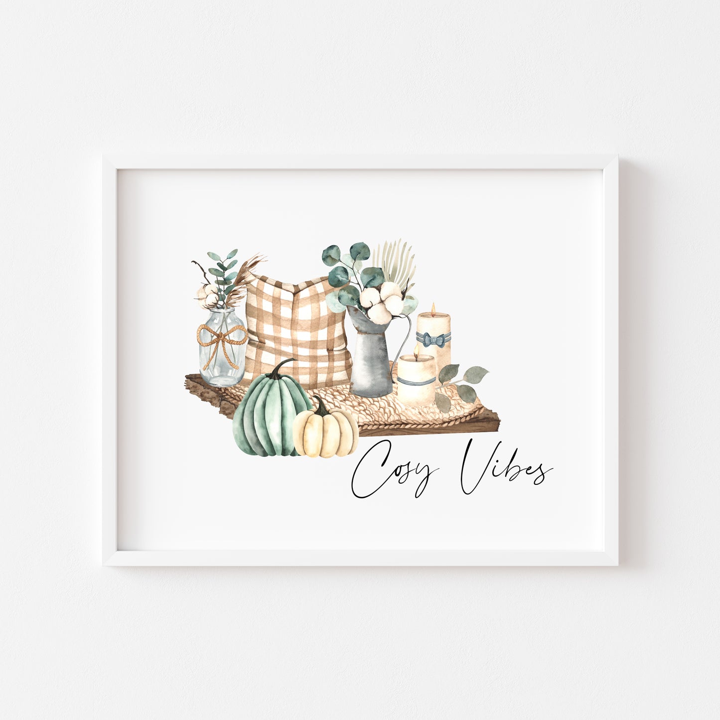 Cosy Vibes, home scene teal autumn watercolour seasonal landscape fall hallway unframed wall art poster print