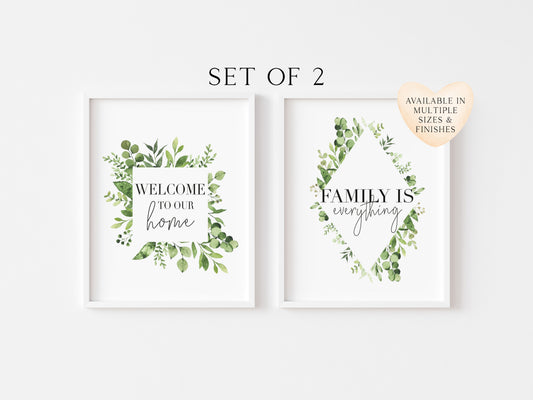 Set of 2 welcome to our home, family is everything green wreath set of home bedroom hallway unframed wall art poster prints