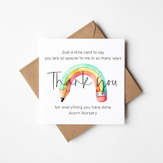 Personalised Watercolour Rainbow Pencil Thank You Teacher Nursery Card