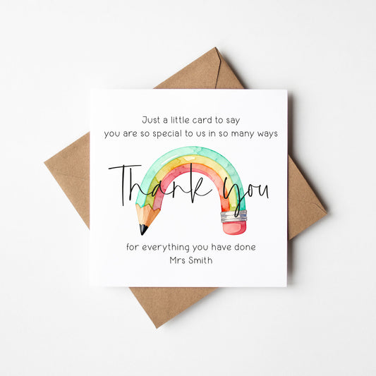 Personalised Watercolour Rainbow Pencil Thank You Teacher Nursery Card